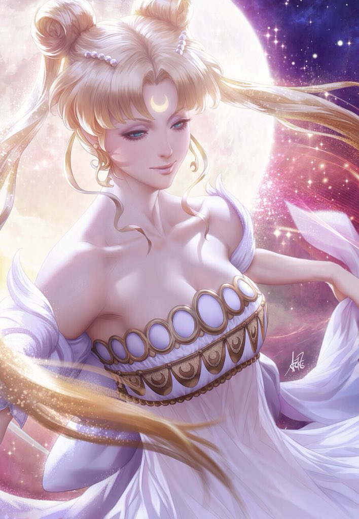 armpits backlighting bangs bare_shoulders beads bishoujo_senshi_sailor_moon blonde_hair blue_eyes breasts cleavage closed_mouth collarbone commentary crescent double_bun dress earrings english_commentary facial_mark floating_hair forehead_mark full_moon hair_beads hair_ornament half-closed_eyes jewelry light_particles lips long_hair looking_away looking_down makeup mascara medium_breasts moon motion_blur nose parted_bangs princess_serenity realistic signature skirt_hold sky smile solo stanley_lau star_(sky) starry_sky strapless strapless_dress tsukino_usagi twintails white_dress wind
