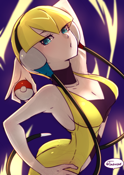 arm_behind_back arm_up ass bangs bare_arms bare_shoulders black_choker blonde_hair blue_eyes breasts choker cleavage gym_leader hand_on_hip headphones holding holding_poke_ball kamitsure_(pokemon) looking_at_viewer medium_breasts poke_ball poke_ball_(generic) pokemon pokemon_(game) pokemon_bw solo tamaki_(tmk-poison) twitter_username
