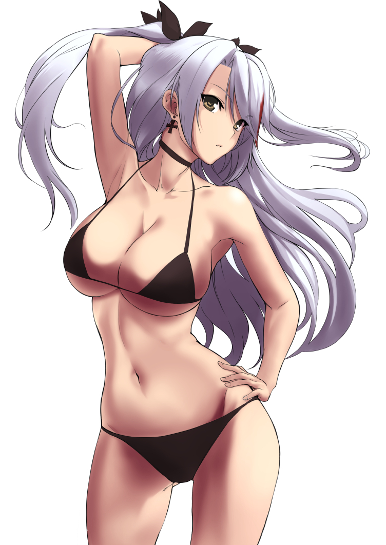 alternate_costume arm_behind_head armpits azur_lane bangs bikini black_bikini black_ribbon breasts brown_eyes choker cleavage collarbone commentary cowboy_shot cross cross_earrings din_(raiden) earrings eyebrows_visible_through_hair floating_hair groin hair_between_eyes hair_ribbon hand_on_hip jewelry large_breasts long_hair looking_at_viewer multicolored_hair navel parted_lips prinz_eugen_(azur_lane) red_hair ribbon sidelocks silver_hair simple_background skindentation smile solo stomach streaked_hair swept_bangs swimsuit thighs two_side_up very_long_hair white_background
