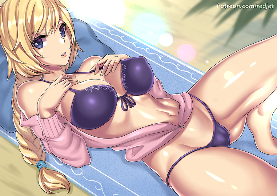 alternate_costume bangs beach_towel bikini blonde_hair blue_eyes braid breasts cleavage collarbone commentary english_commentary eyebrows_visible_through_hair fate/grand_order fate_(series) giovanni_zaccaria halterneck hands_on_own_chest jeanne_d'arc_(fate) jeanne_d'arc_(fate)_(all) leg_up lens_flare long_braid long_hair looking_at_viewer lying on_back parted_lips pink_sweater purple_bikini sand single_braid sweater swimsuit towel unzipped