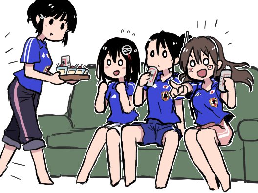 4girls alcohol ashigara_(kantai_collection) beer cheering commentary couch haguro_(kantai_collection) japan kantai_collection long_hair multiple_girls myoukou_(kantai_collection) nachi_(kantai_collection) open_mouth side_ponytail snack soccer soccer_uniform sportswear terrajin world_cup