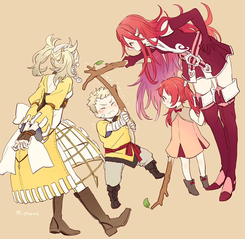1boy 3girls blonde_hair children dress duel eudes_(fire_emblem) family fingerless_gloves fire_emblem fire_emblem:_kakusei gloves kitsune_n kitsunen_(kitune_n) liz_(fire_emblem) long_hair mother_and_daughter mother_and_son multiple_girls nintendo red_eyes red_hair selena_(fire_emblem) short_hair simple_background smile spiked_hair struggle sweat_drop thighhighs tiamo tree_branch twintails very_long_hair winged_hair_ornament