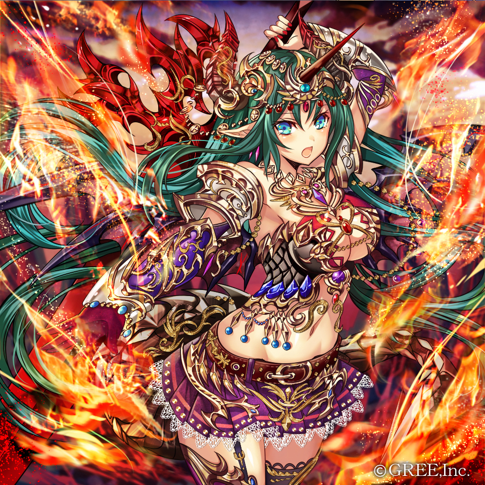 arm_up armor bangs belt belt_buckle bikini_armor black_legwear blue_eyes blurry blurry_background breasts brown_belt buckle closed_mouth company_name cowboy_shot dragon_girl dragon_horns dragon_wings elbow_gloves eyebrows_visible_through_hair fire floating_hair forehead_jewel garter_straps gem gloves greatsword green_hair groin hair_between_eyes head_chain holding holding_weapon horns jewelry kaizoku_ookoku_koronbusu lace lace-trimmed_skirt large_breasts legs_together long_hair looking_at_viewer madogawa miniskirt navel necklace official_art open_mouth outstretched_arm pleated_skirt pointy_ears purple_skirt pyrokinesis red_gloves scale_armor sidelocks single_garter_strap single_glove skirt solo standing stomach thighhighs vambraces very_long_hair weapon wind wings