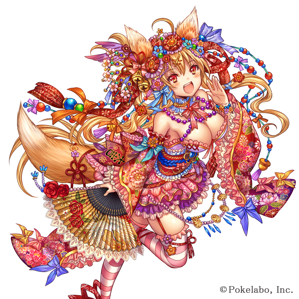 :d ahoge animal_ears bangs bare_shoulders beads bell blonde_hair blue_bow blue_choker blue_ribbon blush bow breasts choker commentary_request company_name detached_sleeves eyebrows_visible_through_hair fan floating_hair floral_print flower flower_knot folding_fan fox_ears fox_girl fox_tail frilled_sleeves frills hair_bell hair_between_eyes hair_bow hair_flower hair_ornament hair_ribbon hairclip hand_up holding holding_fan japanese_clothes jingle_bell kanzashi kimono kimono_skirt large_breasts leg_up long_hair long_sleeves looking_at_viewer madogawa obi official_art open_mouth orange_eyes orange_flower pink_bow pink_flower pink_kimono pink_legwear pink_ribbon print_sleeves purple_flower red_flower red_ribbon red_rose ribbon rose sash sengoku_gensoukyoku short_kimono simple_background smile solo standing standing_on_one_leg strapless striped striped_legwear tail thigh_ribbon thighhighs upper_teeth white_background white_legwear wide_sleeves yellow_bow yellow_ribbon