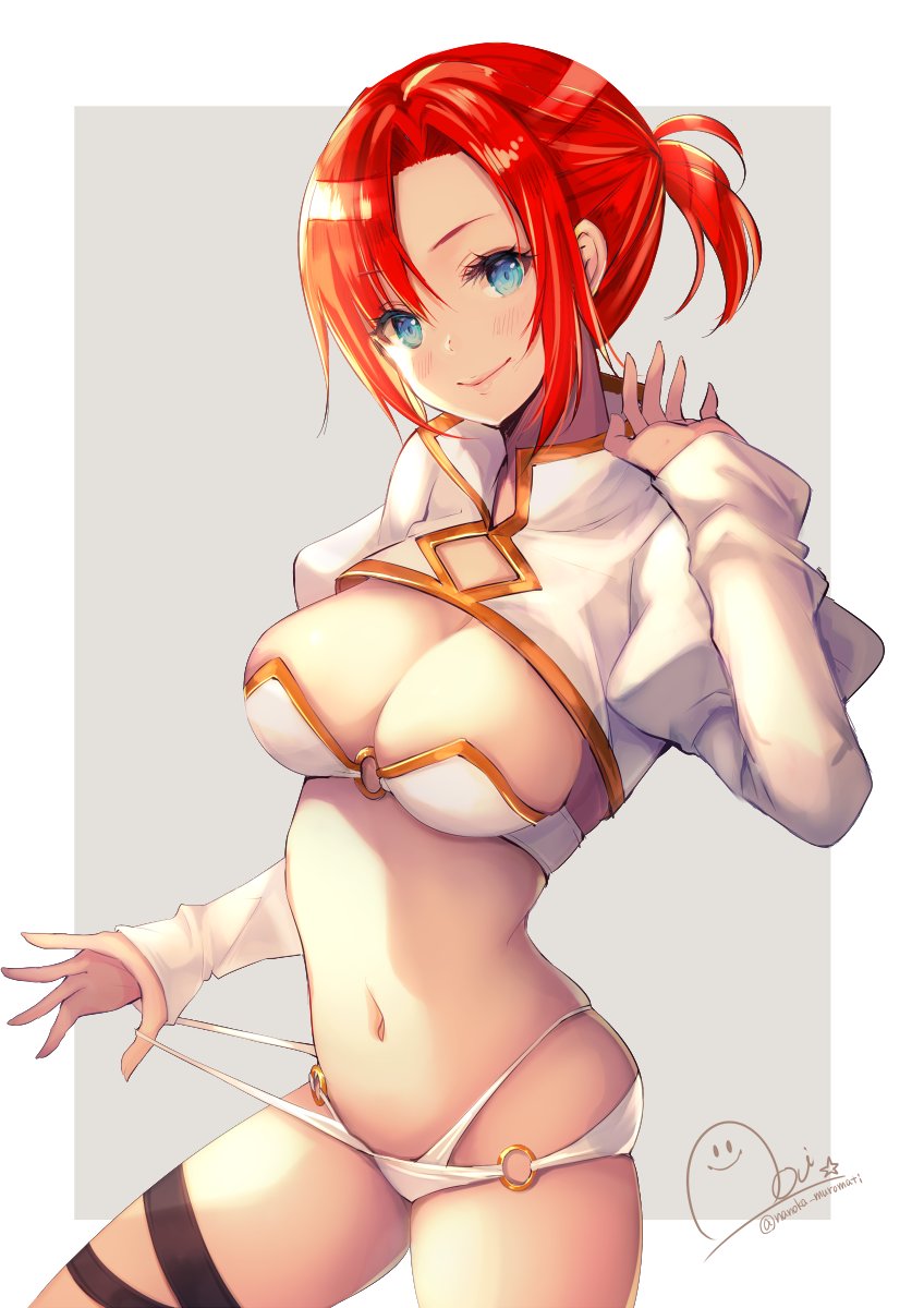 aoi_(kirabosi105) bangs bikini bikini_pull blue_eyes boudica_(fate/grand_order) breasts cleavage commentary_request fate/grand_order fate_(series) highres juliet_sleeves large_breasts long_sleeves navel o-ring o-ring_bottom puffy_sleeves red_eyes red_hair short_ponytail shrug_(clothing) signature simple_background skindentation smile solo swimsuit thigh_strap twitter_username white_bikini