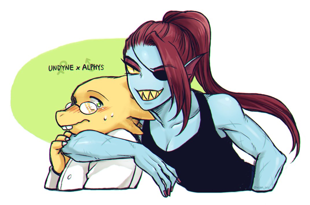 alphys anthro blue_skin blush breasts cleavage clothed clothing female fish gills grin hair long_hair marine muscular muscular_female ponytail red_hair scar sharp_teeth shirt smile tank_top teeth undertale undyne video_games whan yellow_eyes