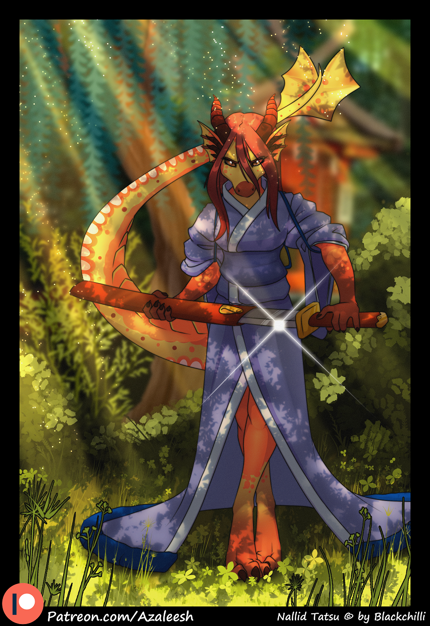 azaleesh clothing dragon forest japan japanese_clothing katana kimono looking_at_viewer melee_weapon nallid sword tree weapon