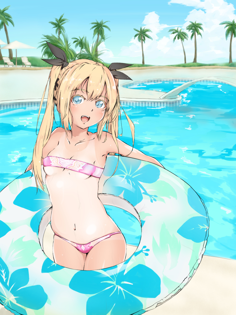 :d bandeau bikini blonde_hair blue_eyes blue_sky blush bow breasts day dead_or_alive hair_bow holding holding_innertube innertube kenagehanage long_hair looking_at_viewer marie_rose navel one-piece_tan open_mouth outdoors palm_tree pink_bikini pool poolside shiny shiny_skin sidelocks sky small_breasts smile solo strapless swimsuit tan tanline tree twintails underboob