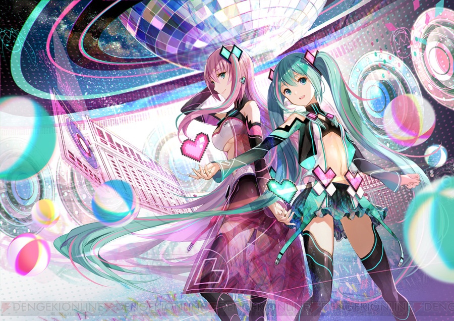 :d arm_up arm_warmers ball black_skirt blue_eyes breasts butterfly_hair_ornament center_opening closed_mouth detached_sleeves disco_ball dutch_angle frilled_skirt frills fuji_choko hair_ornament hatsune_miku heart long_hair long_sleeves looking_at_viewer medium_breasts megurine_luka multicolored_hair multiple_girls navel open_mouth parted_lips pleated_skirt profile project_diva_(series) project_diva_x see-through skirt sleeveless smile standing twintails two-tone_hair underboob very_long_hair vocaloid