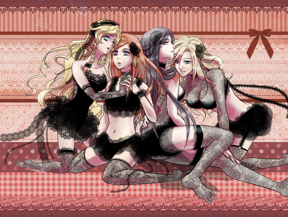 4girls bangs bent_over black_hair blonde_hair blue_eyes braid breasts brown_hair castlevania castlevania:_dawn_of_sorrow castlevania:_order_of_ecclesia castlevania:_portrait_of_ruin castlevania:_rondo_of_blood charlotte_aulin cleavage female full_body green_eyes hair_ornament hand_holding hand_on_leg large_breasts leaning_forward lingerie long_hair looking_back maria_renard medium_breasts midriff multiple_girls navel patterned patterned_background shanoa sitting small_breasts thighhighs yoko_belnades