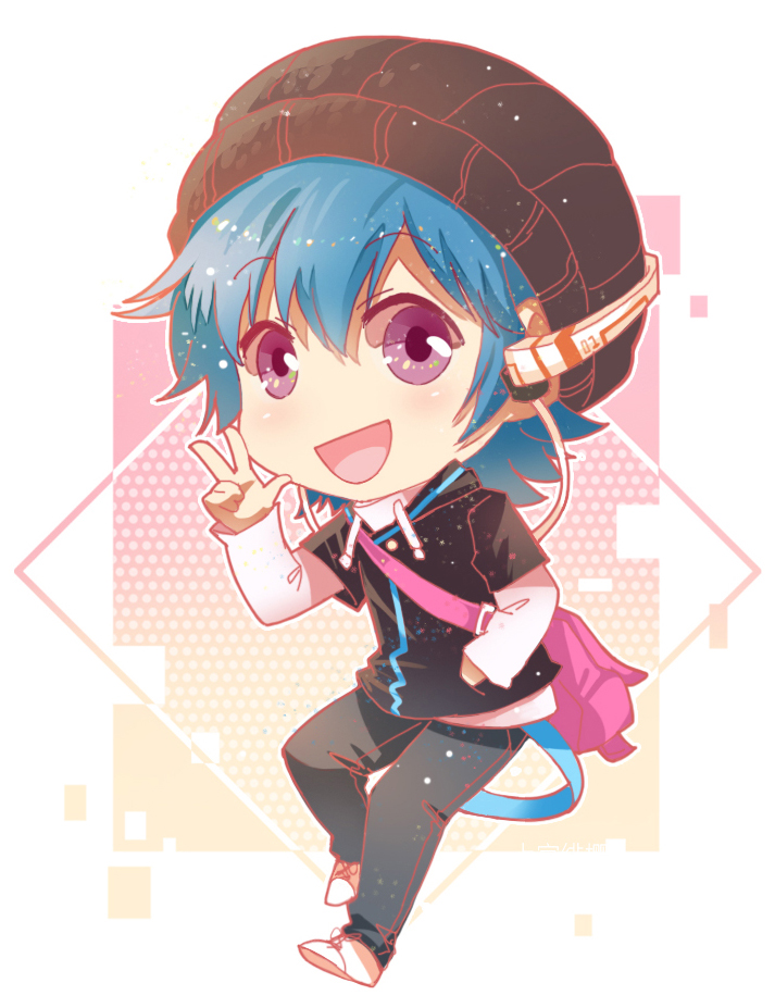 :d blue_hair chibi commentary english_commentary eyebrows_visible_through_hair hand_in_pocket hand_up hat headphones hood hoodie long_sleeves looking_at_viewer male_focus open_mouth original pants purple_eyes shangguan_feiying smile solo standing w