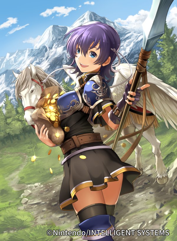 armor bangs belt black_legwear blue_eyes blue_hair blue_sky breastplate cloud cloudy_sky commentary_request company_connection copyright_name day dress elbow_gloves farina_(fire_emblem) feathered_wings fingerless_gloves fire_emblem fire_emblem:_rekka_no_ken fire_emblem_cipher gloves gold holding holding_weapon i-la looking_at_viewer mountain official_art outdoors pegasus polearm shiny short_dress short_hair short_sleeves shoulder_armor shoulder_pads single_glove sky solo spear thighhighs weapon wings zettai_ryouiki