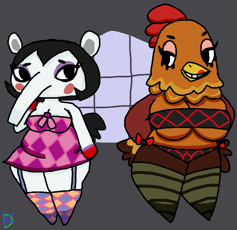 2018 aliasing animal_crossing annalisa_(animal_crossing) anteater anthro avian beak belly big_breasts biped bird black_clothing black_eyes black_hair black_tail blush breast_size_difference breasts broffina_(animal_crossing) brown_feathers chicken cleavage clothed clothing digital_drawing_(artwork) digital_media_(artwork) dress duo eyelashes eyeshadow feathered_wings feathers featureless_feet female front_view full-length_portrait garter_straps gloves_(marking) grey_background hair half-closed_eyes hands_on_hips huge_breasts klutzatdusk legwear lingerie lipstick long_snout looking_at_another looking_away makeup mammal markings mascara medium_breasts midriff multicolored_body multicolored_feathers nintendo non-mammal_breasts orange_feathers panties pink_clothing portrait purple_body raised_arm red_body red_lipstick ribbons short_hair shortstack simple_background skimpy slightly_chubby smile snout socks standing strapless_bra thigh_highs thigh_socks two_tone_feathers underwear video_games wattle white_body wide_hips winged_arms wings yellow_beak