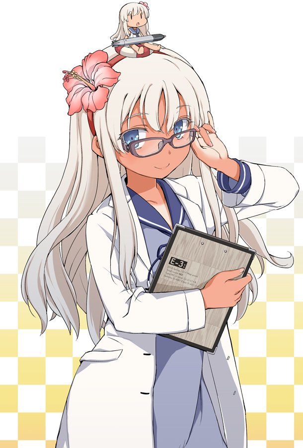 adjusting_eyewear aka_ringo black-framed_eyewear blue_eyes checkered checkered_background chibi chibi_on_head clipboard commentary_request cosplay costume_switch dress flower glasses hair_flower hair_ornament headband hibiscus kantai_collection labcoat lifebuoy long_hair looking_at_viewer looking_over_eyewear multiple_girls on_head person_on_head prototype_fat_type_95_oxygen_torpedo_kai ro-500_(kantai_collection) tan tanline torpedo white_hair
