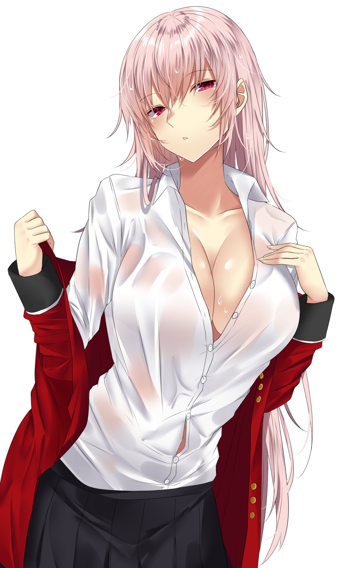 bangs black_skirt breasts cleavage collarbone commentary dress_shirt eyebrows_visible_through_hair fate/grand_order fate_(series) florence_nightingale_(fate/grand_order) hair_between_eyes hand_on_own_chest highres jacket jacket_removed large_breasts long_hair looking_at_viewer military military_uniform onineko-chan pink_hair pleated_skirt red_eyes red_jacket see-through shirt skirt solo unbuttoned unbuttoned_shirt undressing uniform very_long_hair wet wet_clothes wet_hair white_shirt