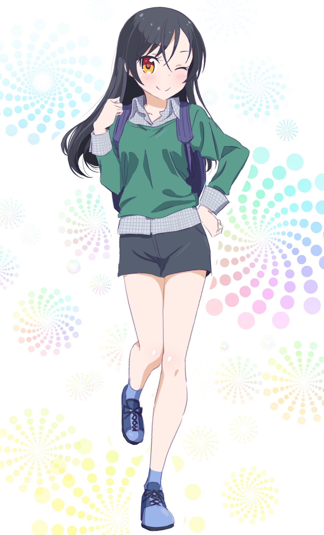 ;) alternate_hairstyle bangs black_hair blue_footwear collarbone floating_hair full_body green_sweater grey_shirt grey_shorts hair_between_eyes hair_down hand_on_hip highres leg_up long_hair looking_at_viewer narumi_tsubame new_game! one_eye_closed parted_bangs pink_x shiny shiny_hair shiny_skin shirt shoes short_shorts shorts smile sneakers solo standing standing_on_one_leg sweater white_background yellow_eyes