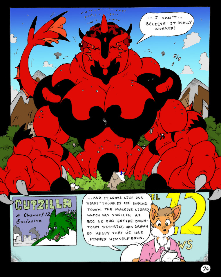 2005 anthro blue_eyes border breasts canine claws comic dnapalmhead dragon english_text female fox gills green_scales macro male mammal muscular obese onomatopoeia overweight red_scales redsaber scales scalie size_difference sound_effects speech_bubble text traditional_media_(artwork)