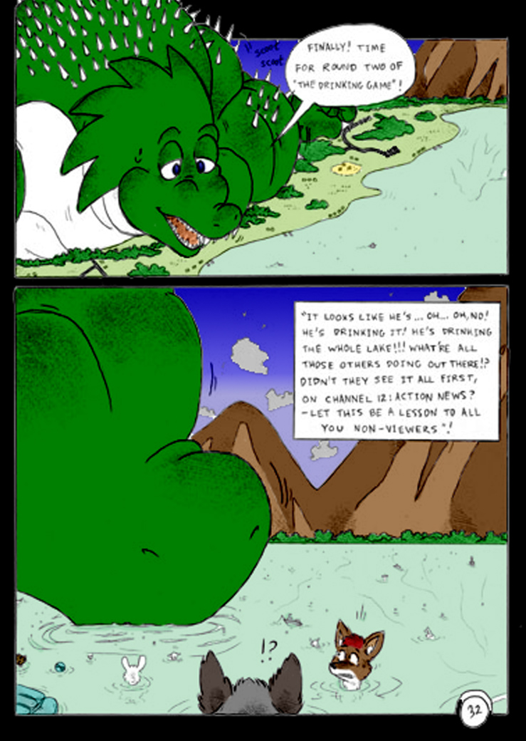 2006 anthro blue_eyes border canine comic dnapalmhead dragon english_text fox green_scales growth macro male mammal muscular obese onomatopoeia overweight redsaber scales scalie size_difference sound_effects speech_bubble text traditional_media_(artwork)