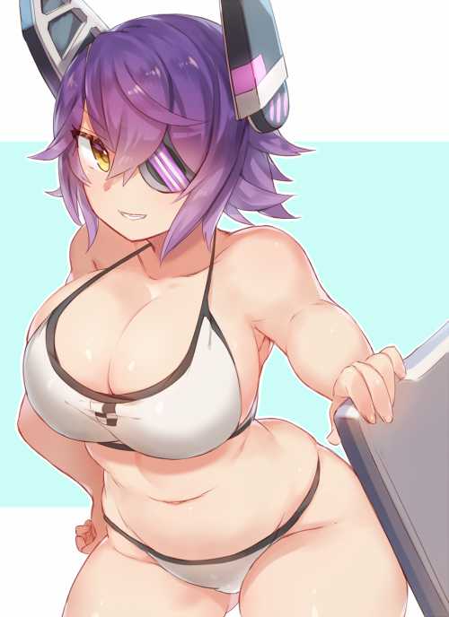 armpits ass_visible_through_thighs bikini breasts collarbone expressive_clothes eyepatch grin hand_on_hip headgear kantai_collection large_breasts leaning_forward navel necktie purple_hair short_hair sideboob smile solo swimsuit tenryuu_(kantai_collection) thighs white_bikini yamaarashi yellow_eyes