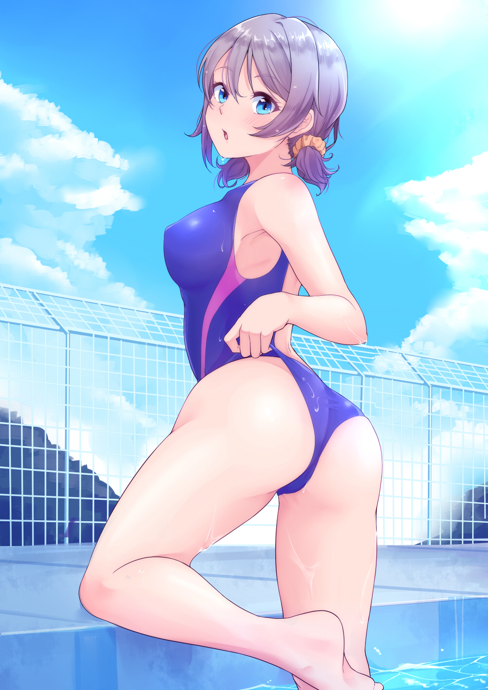 :o =o adjusting_clothes adjusting_swimsuit alternate_hairstyle ass back_cutout bangs bare_shoulders barefoot blue_eyes breasts cloud cloudy_sky competition_swimsuit covered_nipples day eyebrows_visible_through_hair fence grey_hair hair_ornament hair_scrunchie highleg highleg_swimsuit highres kanabun looking_at_viewer looking_back love_live! love_live!_sunshine!! medium_breasts one-piece_swimsuit open_mouth orange_scrunchie pool poolside scrunchie short_hair sky solo swimsuit thighs twintails watanabe_you water wet