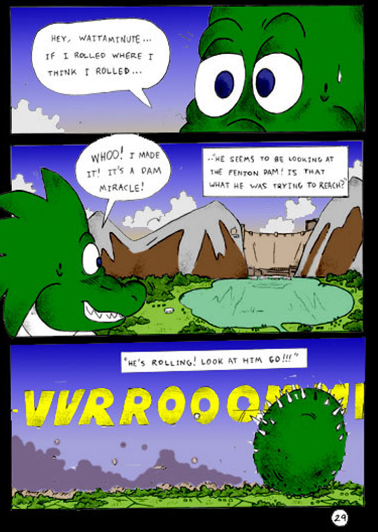 2006 anthro blue_eyes border building comic dnapalmhead dragon english_text green_scales macro male muscular obese onomatopoeia overweight redsaber scales scalie smile solo sound_effects speech_bubble teeth text traditional_media_(artwork)