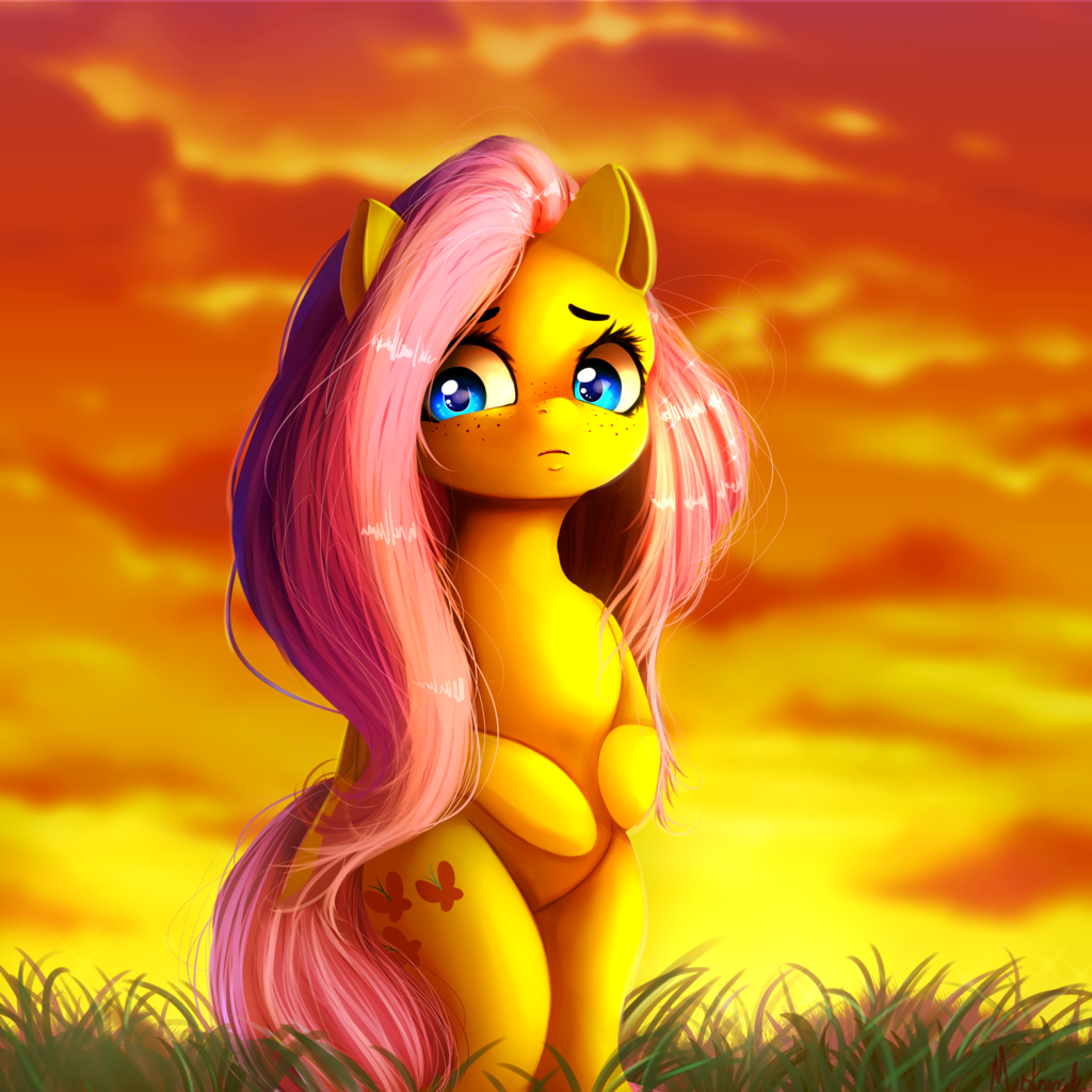 2018 blue_eyes cloud cutie_mark equine eyebrows eyelashes feathered_wings feathers female feral fluttershy_(mlp) freckles friendship_is_magic grass hair hooves long_hair looking_away mammal miokomata my_little_pony outside pegasus pink_hair portrait sky solo standing sunset wings yellow_feathers