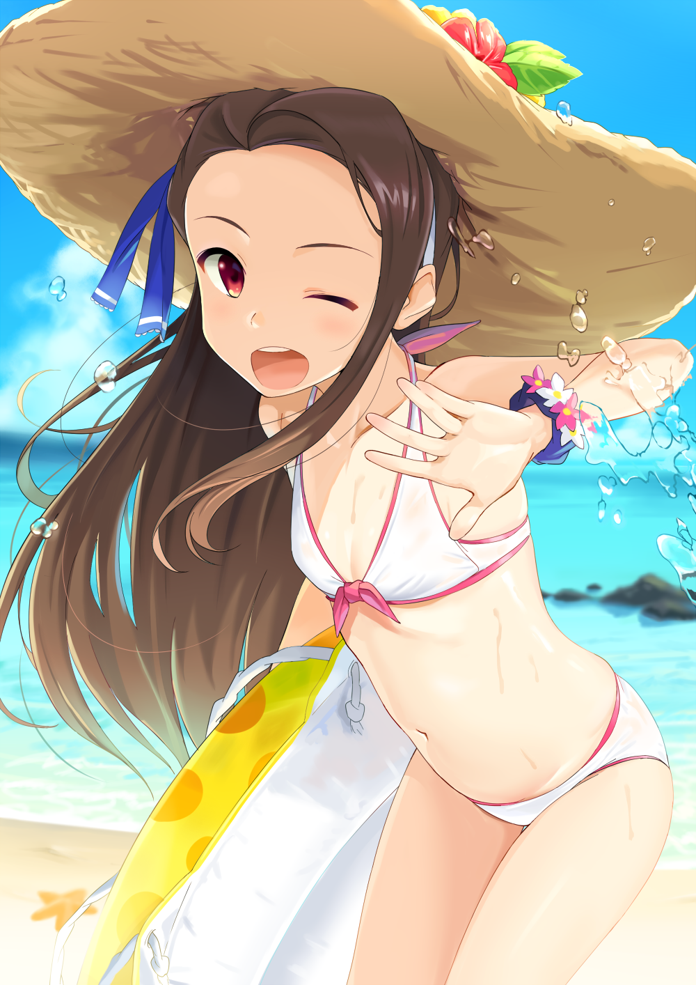 ;d beach bikini brown_eyes brown_hair collarbone day front-tie_bikini front-tie_top hairband hat hat_ornament highres idolmaster idolmaster_(classic) innertube long_hair looking_at_viewer minase_iori nazo_no_niku ocean one_eye_closed open_mouth outdoors smile solo splashing starfish straw_hat sun_hat swimsuit water wet white_bikini wristband