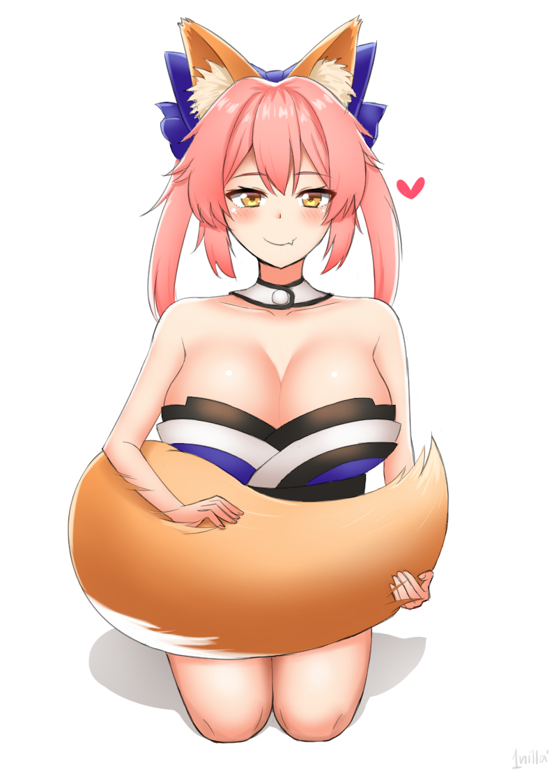 1nilla' animal_ear_fluff animal_ears blue_ribbon blush breasts cleavage closed_mouth collarbone detached_sleeves ears_perk fang fate/extra fate/grand_order fate_(series) fox_ears fox_tail hair_ribbon japanese_clothes large_breasts looking_at_viewer pink_hair pixiv_username ribbon simple_background sitting smile solo tail tamamo_(fate)_(all) tamamo_no_mae_(fate) tsurime white_background yellow_eyes