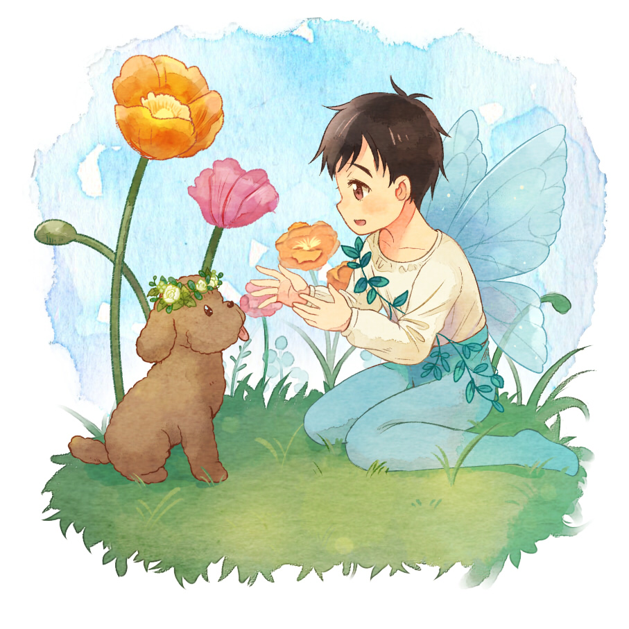 black_hair brown_eyes child dog fairy_wings flower head_wreath katsuki_yuuri leaf male_focus open_mouth plant sitting smile twc_(p-towaco) vicchan vines wariza wings younger yuri!!!_on_ice