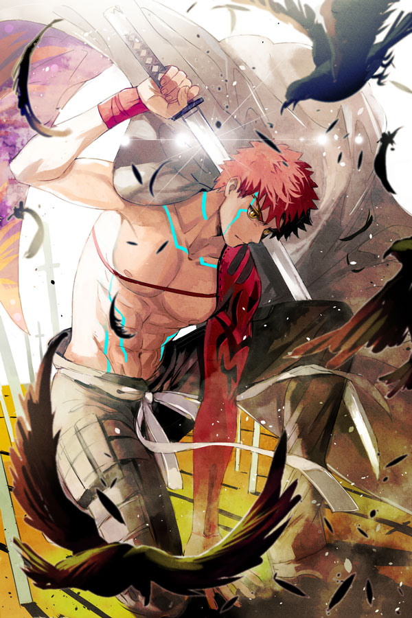 akao_ppai bird cape chest commentary_request crow detached_sleeves emiya_shirou fate/grand_order fate_(series) feathers katana limited/zero_over one_knee orange_hair over_shoulder pants pixiv_fate/grand_order_contest_2 planted_sword planted_weapon shirtless sword weapon weapon_over_shoulder yellow_eyes