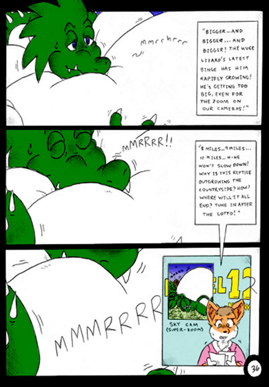 2006 anthro blue_eyes border canine claws comic dnapalmhead dragon english_text fox green_scales growth half-closed_eyes macro male mammal obese overweight redsaber scales scalie speech_bubble text traditional_media_(artwork)