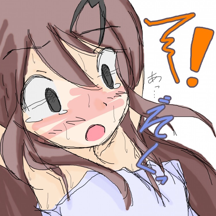 ! 1girl armpits arms_up black_eyes blue_tubetop blush brown_hair embarrassed empty_eyes eyebrows_visible_through_hair face female hair_ornament hairclip have_to_pee japanese_text jirene long_hair nose_blush open_mouth original simple_background sketch solo strapless sweat tears text_focus translation_request tubetop white_background