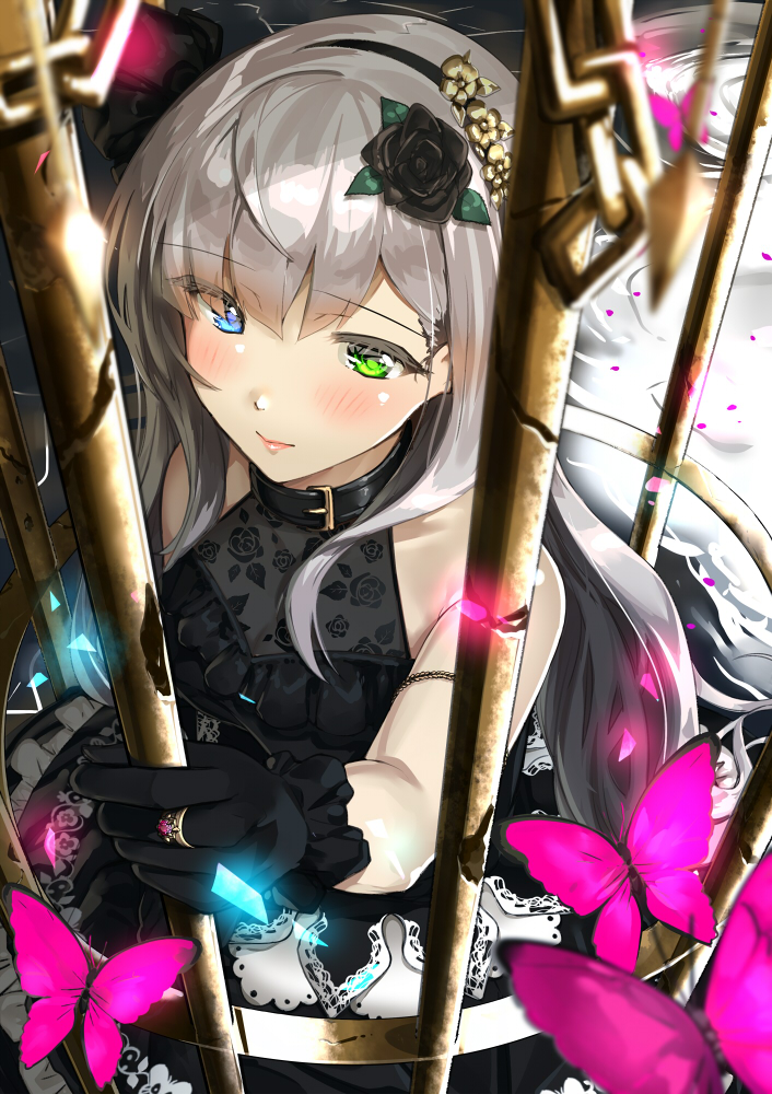 armlet bangs bare_shoulders black_dress black_gloves blush breasts bug butterfly cage chain choker closed_mouth dress eyebrows_visible_through_hair flower from_above gloves hair_flower hair_ornament hairband halter_dress heterochromia insect jewelry kinugasa_yuuichi long_hair looking_at_viewer original ring sleeveless smile solo standing upper_body white_hair