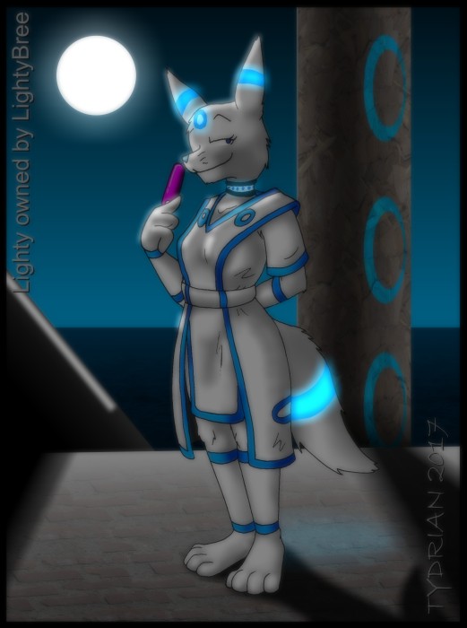 anthro canine clothed clothing collar digital_media_(artwork)2018 eeveelution female food fur lighty looking_at_viewer mammal nintendo pok&eacute;mon pok&eacute;mon_(species) popsicle smile solo temporal tydrian umbreon video_games white_fur