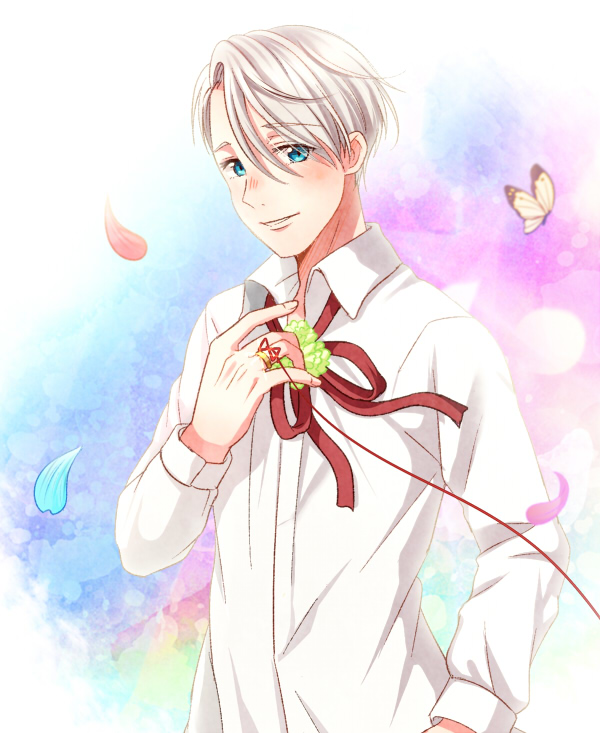 blue_eyes bug butterfly collared_shirt insect jewelry male_focus petals red_string ring shirt silver_hair smile solo string twc_(p-towaco) viktor_nikiforov yuri!!!_on_ice