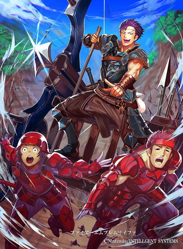 armor armored_boots arrow belt boots cherokee_(1021tonii) circlet closed_eyes commentary_request copyright_name fire_emblem fire_emblem:_monshou_no_nazo fire_emblem_cipher gloves headband helmet jake_(fire_emblem) leaf male_focus multiple_boys official_art open_mouth pink_hair purple_eyes purple_hair sky solo_focus sword teeth tree weapon