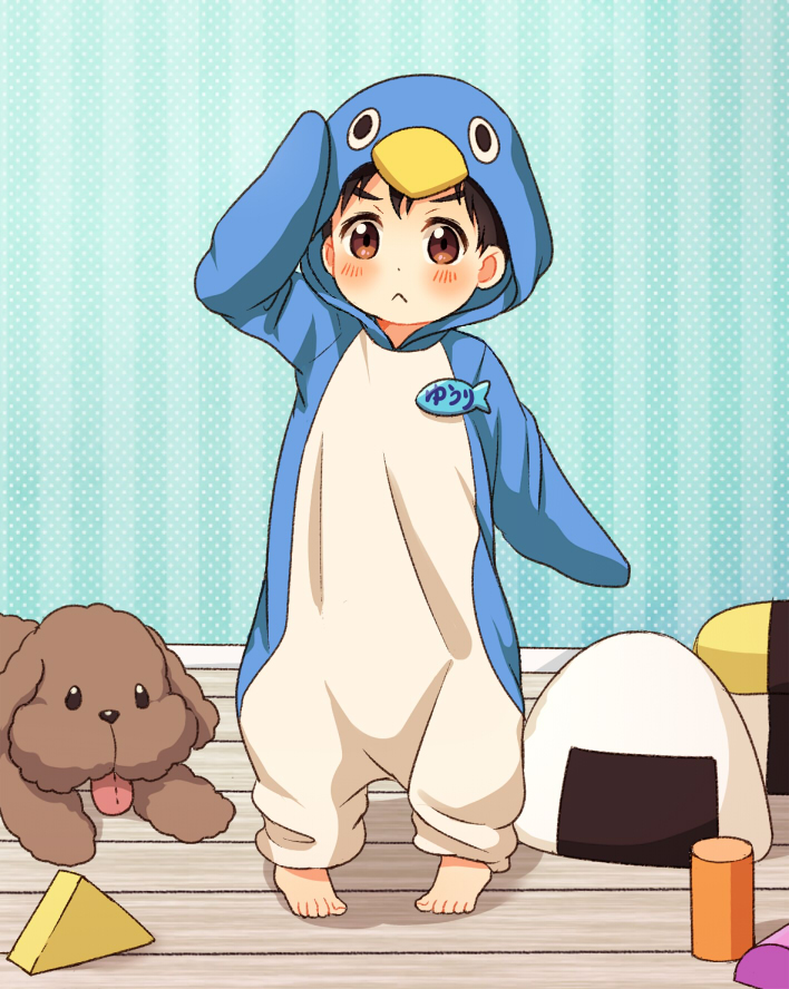 :&lt; animal_costume black_hair brown_eyes building_block child dog katsuki_yuuri male_focus name_tag penguin_costume salute twc_(p-towaco) vicchan younger yuri!!!_on_ice