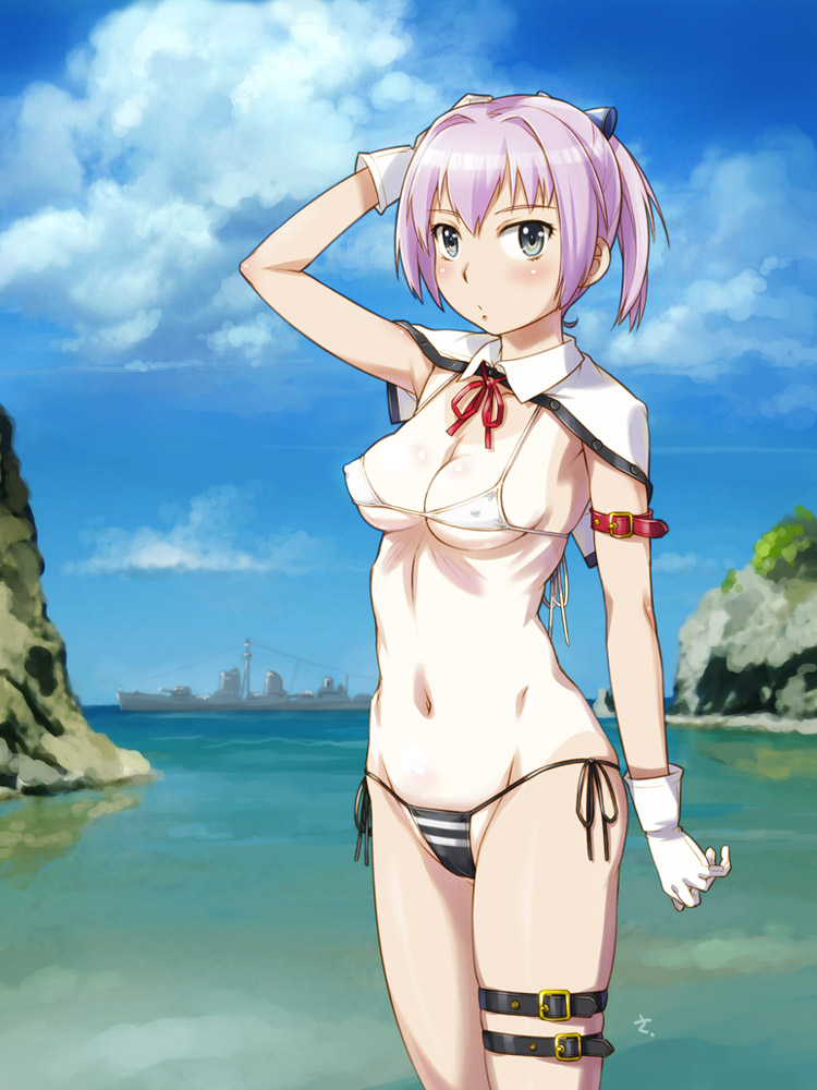 adapted_costume bikini black_bikini_bottom blue_eyes blue_sky breasts capelet cloud commentary_request covered_nipples cowboy_shot day destroyer detached_collar gloves horizon kantai_collection looking_at_viewer medium_breasts military military_vehicle mismatched_bikini neck_ribbon ocean outdoors pink_hair red_ribbon ribbon rock sameha_ikuya ship shiranui_(destroyer) shiranui_(kantai_collection) short_hair short_ponytail side-tie_bikini sky solo swimsuit warship watercraft white_bikini_top white_gloves