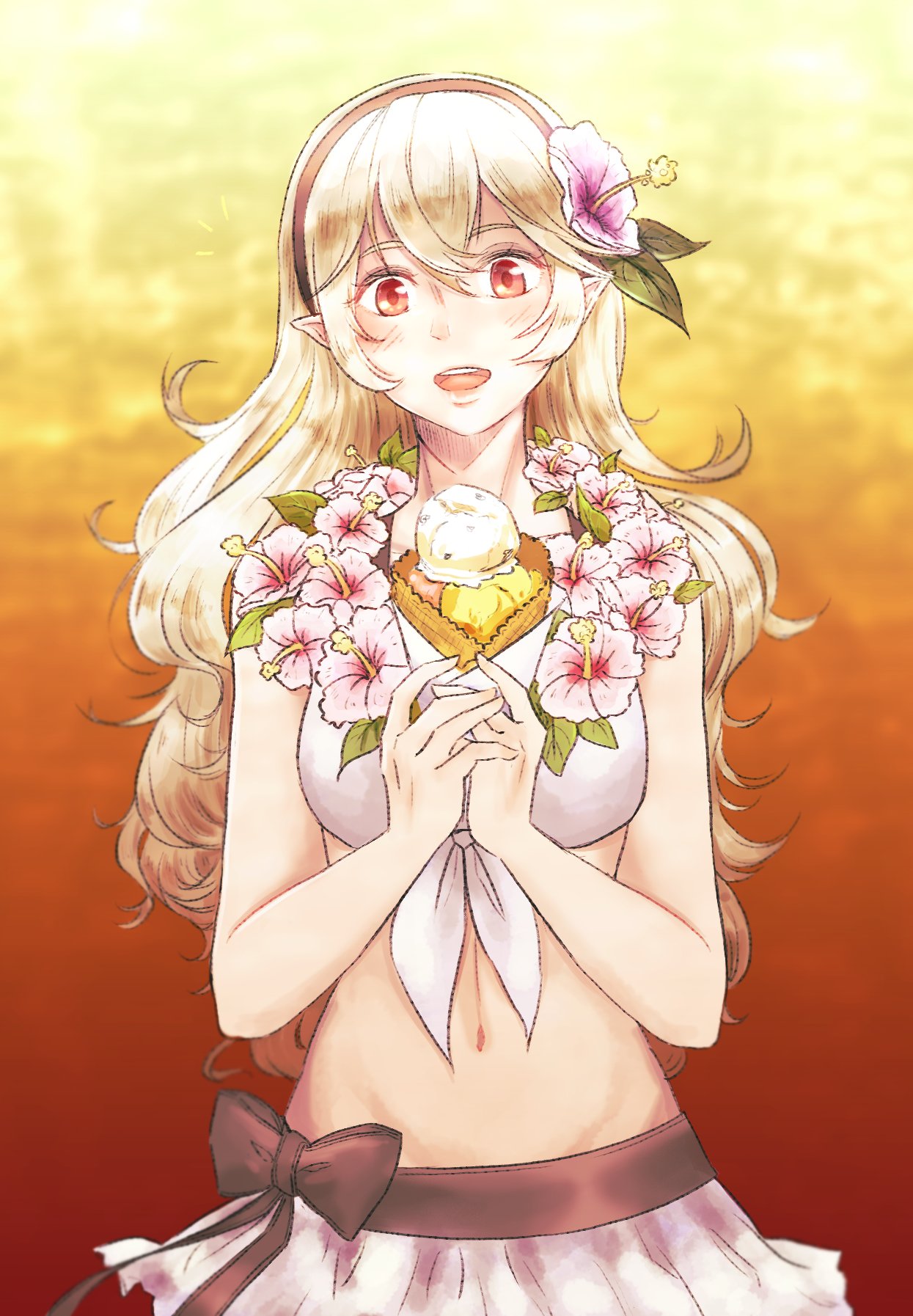 bikini breasts female_my_unit_(fire_emblem_if) fire_emblem fire_emblem_heroes fire_emblem_if flower hair_between_eyes hair_ornament hairband highres lithety long_hair looking_at_viewer mamkute my_unit_(fire_emblem_if) pointy_ears red_eyes silver_hair smile solo swimsuit white_hair