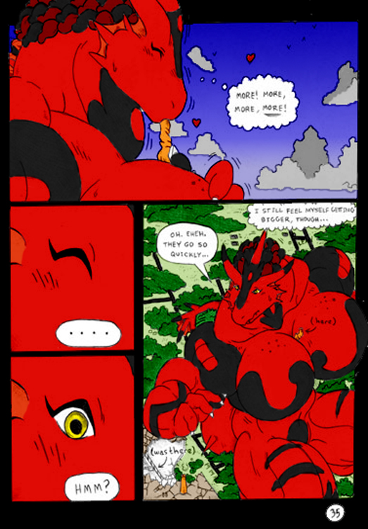 &lt;3 2006 anthro blush border breasts building claws comic destruction dnapalmhead dragon english_text eyes_closed female gills growth macro muscular red_scales redsaber scales scalie solo speech_bubble text traditional_media_(artwork) yellow_eyes