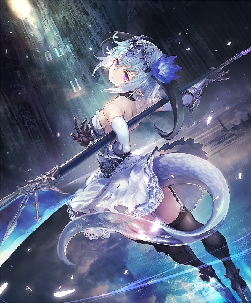 backless_outfit blue_hair circlet cygames dragon_girl dragon_horns dragon_tail expressionless flower frilled_skirt frills gauntlets hair_flower hair_ornament horns igarashi_youhei looking_at_viewer looking_back official_art pointy_ears polearm purple_eyes ruins shadowverse short_hair skirt solo tail thighhighs weapon whitefrost_dragonewt_filene