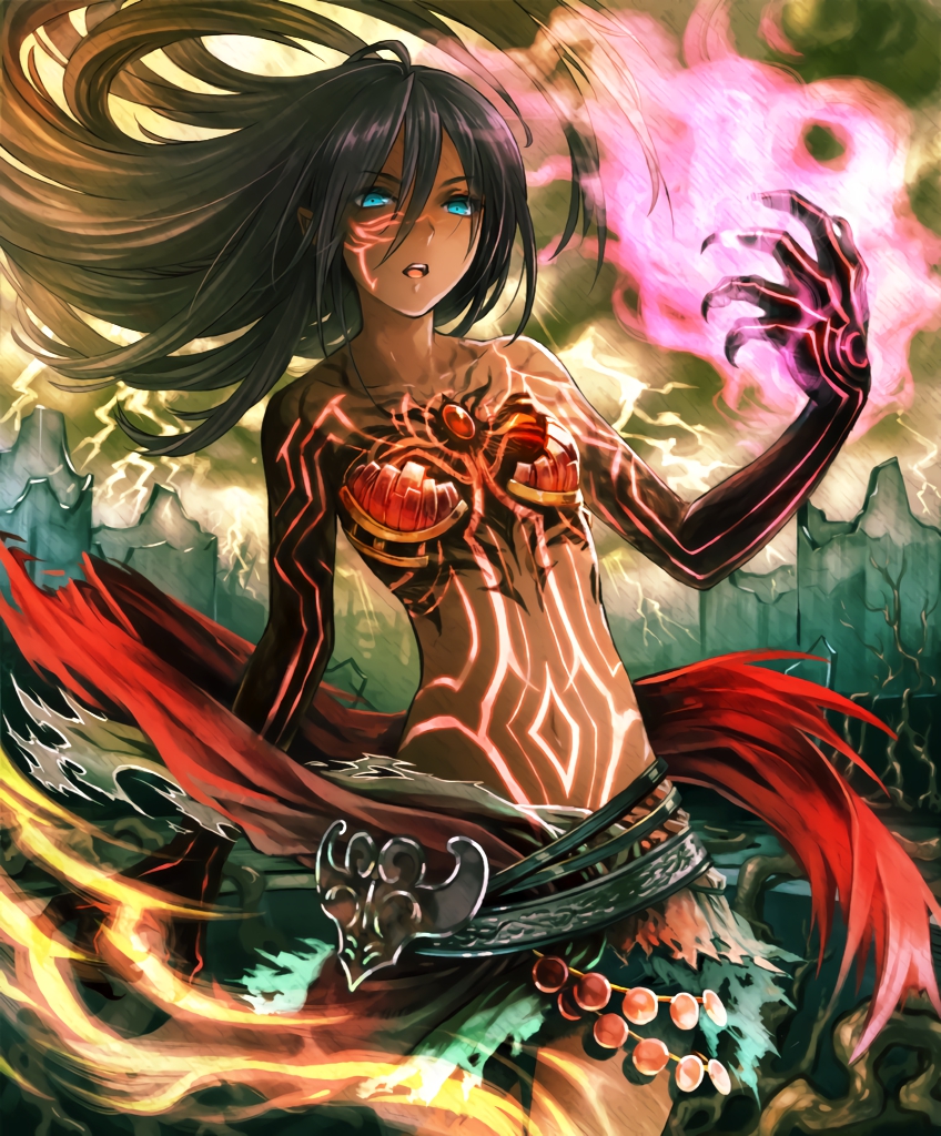 artist_request black_hair black_skin blue_eyes breasts broken_glass chest_jewel cygames dark_skin enkidu_(shadowverse) eyebrows_visible_through_hair fingernails full_body_tattoo glass glowing_tattoo long_hair looking_at_viewer multicolored multicolored_skin navel official_art open_mouth shadowverse sharp_fingernails small_breasts solo tattoo
