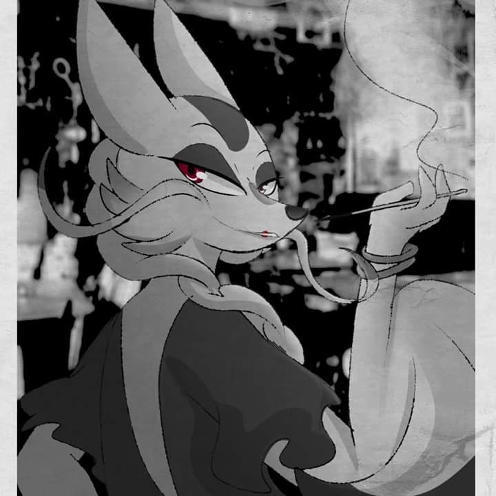 aesthetic anthro black_and_white classy clothing fan_character female kitsunekotaro lipstick makeup mienshao monochrome nintendo noir pok&eacute;mon pok&eacute;mon_(species) red_eyes seductive shoa_mien sly smoking video_games whiskers