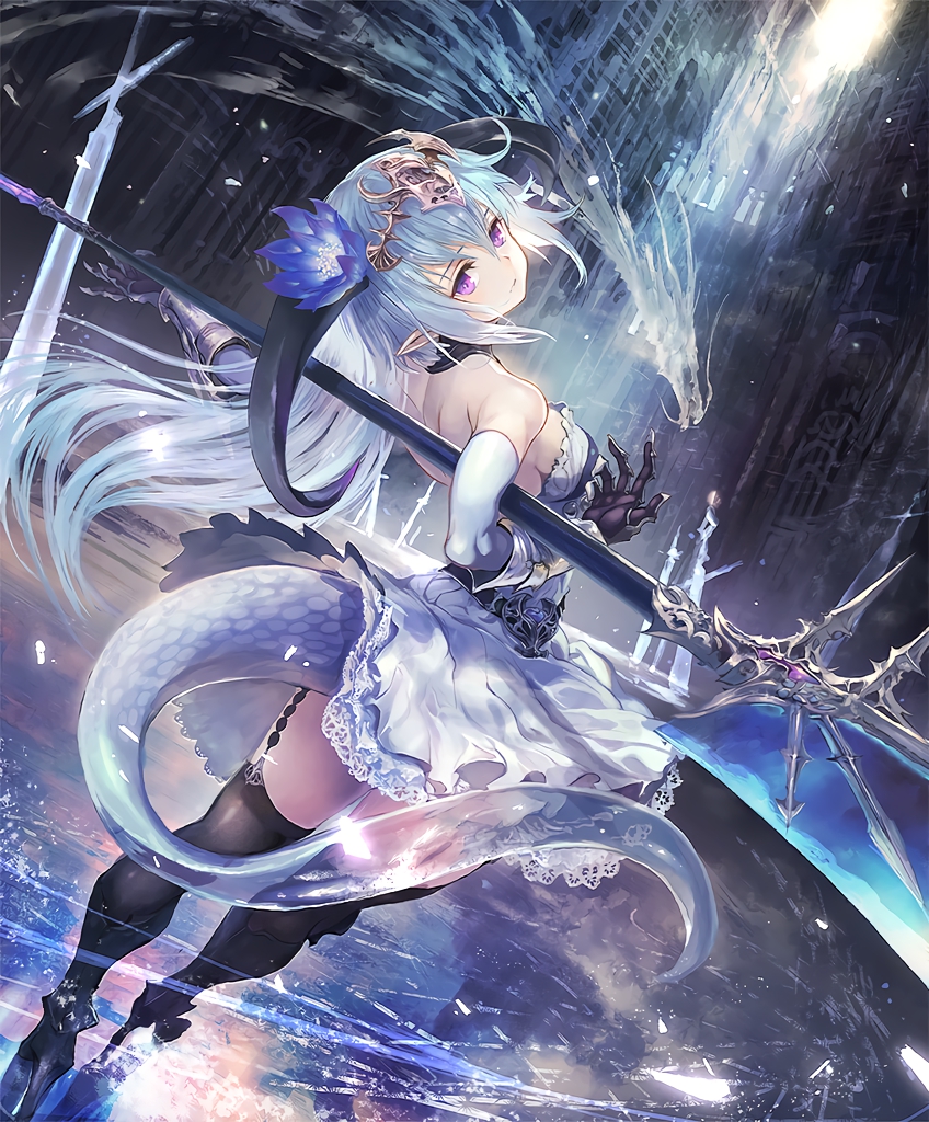 backless_outfit blue_hair circlet cygames dragon dragon_girl dragon_horns dragon_tail expressionless flower frilled_skirt frills gauntlets hair_flower hair_ornament horns igarashi_youhei long_hair looking_at_viewer looking_back official_art pointy_ears polearm purple_eyes ruins shadowverse skirt solo tail thighhighs weapon whitefrost_dragonewt_filene