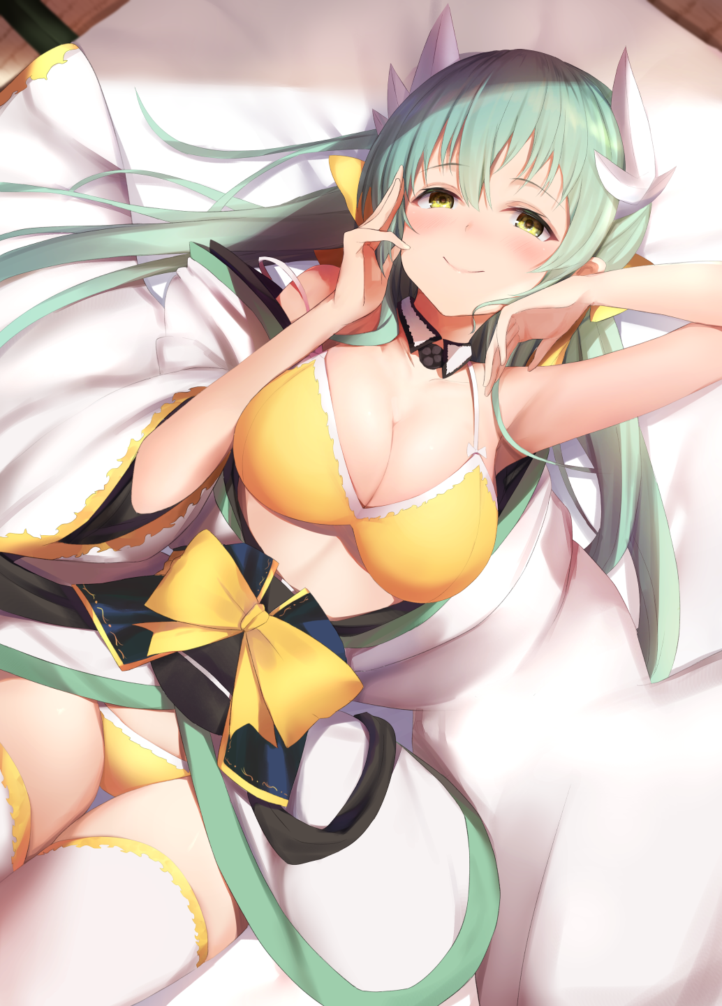 arm_up armpits bangs bare_arms bare_shoulders bed bed_sheet bikini blush bow bow_bikini breasts cleavage closed_mouth collarbone commentary detached_collar dragon_horns dutch_angle eyebrows_visible_through_hair fate/grand_order fate_(series) from_above green_hair hair_between_eyes hair_bow hair_ribbon half-closed_eyes hand_up head_tilt highres horns indoors japanese_clothes kimono kiyohime_(fate/grand_order) kiyohime_(swimsuit_lancer)_(fate) large_breasts light_green_hair long_hair long_sleeves looking_at_viewer lying maosame obi on_back on_bed open_clothes open_kimono ribbon sash shade smile solo strap_slip sunlight swimsuit thigh_gap thighhighs white_bow white_kimono white_legwear wide_sleeves yellow_bikini yellow_eyes yellow_ribbon