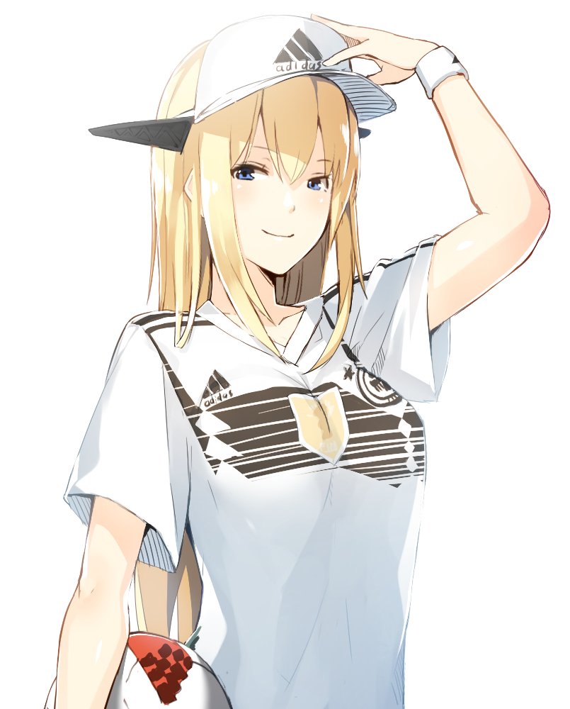 2018_fifa_world_cup adidas alternate_costume ball bangs bismarck_(kantai_collection) blonde_hair blue_eyes breasts commentary germany hair_between_eyes hand_on_headwear hat jersey kantai_collection long_hair meth_(emethmeth) smile soccer soccer_ball soccer_uniform solo sportswear telstar_18 uniform visor_cap world_cup