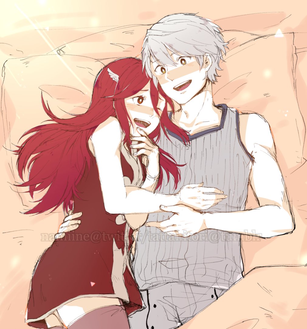 1boy 1girl ^_^ bed couple fire_emblem fire_emblem:_kakusei heart long_hair lovers lowres my_unit my_unit_(fire_emblem:_kakusei) namiine pillow red_eyes red_hair silver_hair simple_background smile tiamo very_long_hair watermark white_hair