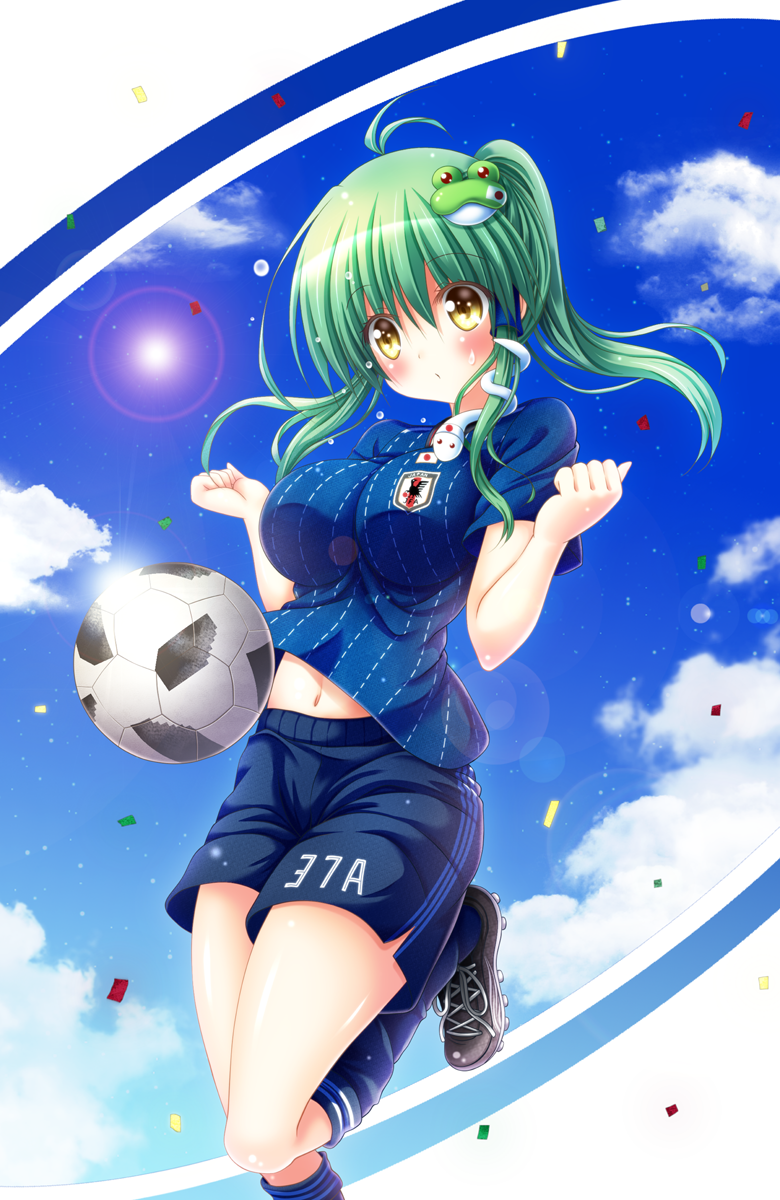 2018_fifa_world_cup ball blue_shirt blue_shorts blue_sky blush breasts cloud commentary_request confetti frog_hair_ornament green_hair hair_ornament highres japan japanese_flag kochiya_sanae lens_flare midriff_peek navel osashin_(osada) shirt shorts side_ponytail sky snake_hair_ornament soccer soccer_ball soccer_uniform solo sportswear sweatdrop telstar_18 touhou world_cup yellow_eyes