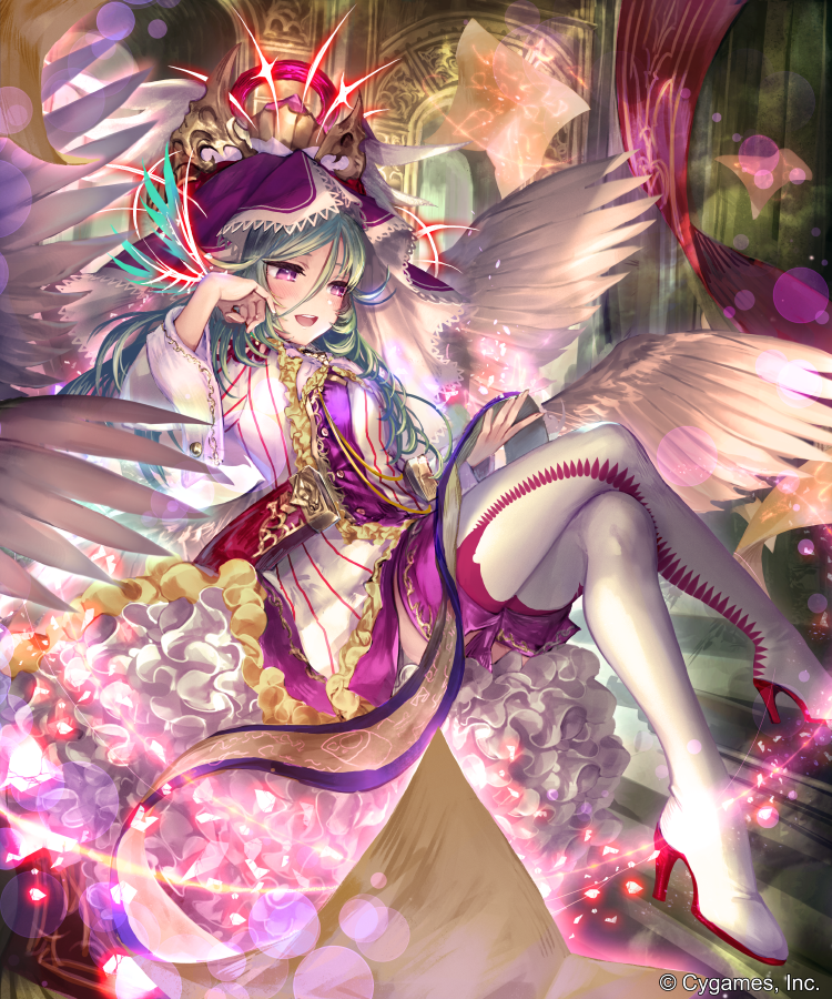 :d blue_feathers boots crossed_legs feathered_wings feathers green_hair hair_between_eyes hair_feathers high_heel_boots high_heels holding indoors irua long_hair magic open_mouth purple_eyes shingeki_no_bahamut sitting smile solo striped thigh_boots thighhighs vertical_stripes white_footwear white_wings wings