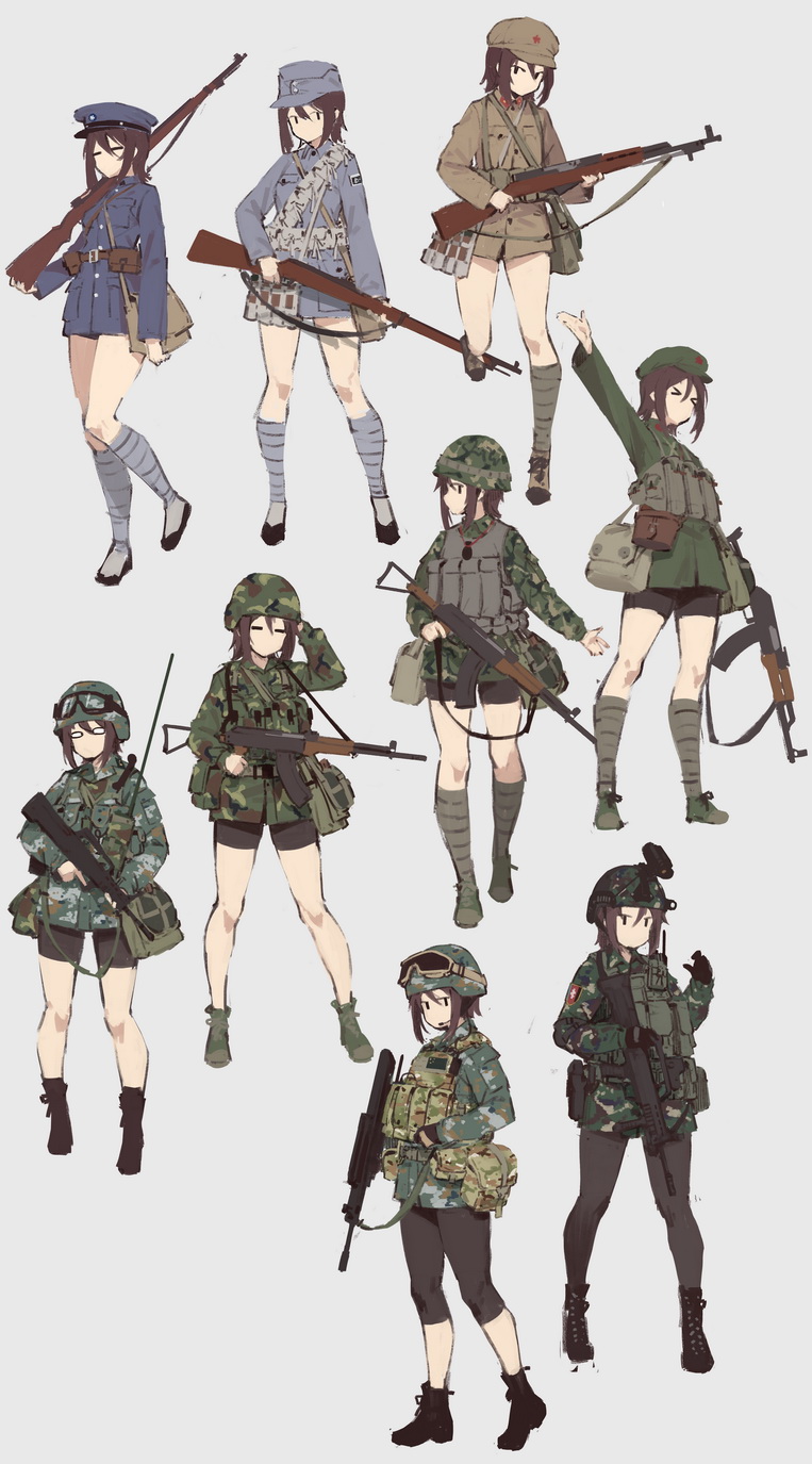 assault_rifle bike_shorts bolt_action brown_hair bullpup camouflage china evolution fangdan_runiu goggles goggles_on_headwear gun hat helmet highres holding holding_gun holding_weapon leggings military military_hat military_uniform original pantyhose people's_liberation_army qbz-95 rifle short_shorts shorts simple_background sks soldier type_24_(chiang_kai-shek_rifle) type_56_assault_rifle type_56_carbine type_81_assault_rifle uniform weapon